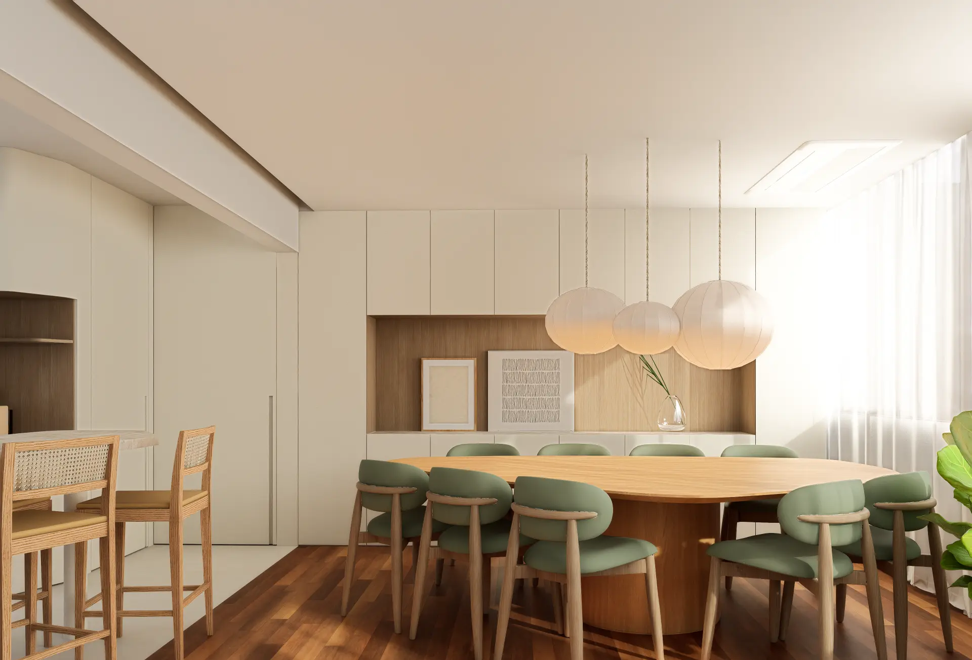 Sala de jantar do apartamento Magnólia 25B, com mesa oval, cadeiras estofadas e pendentes de papel